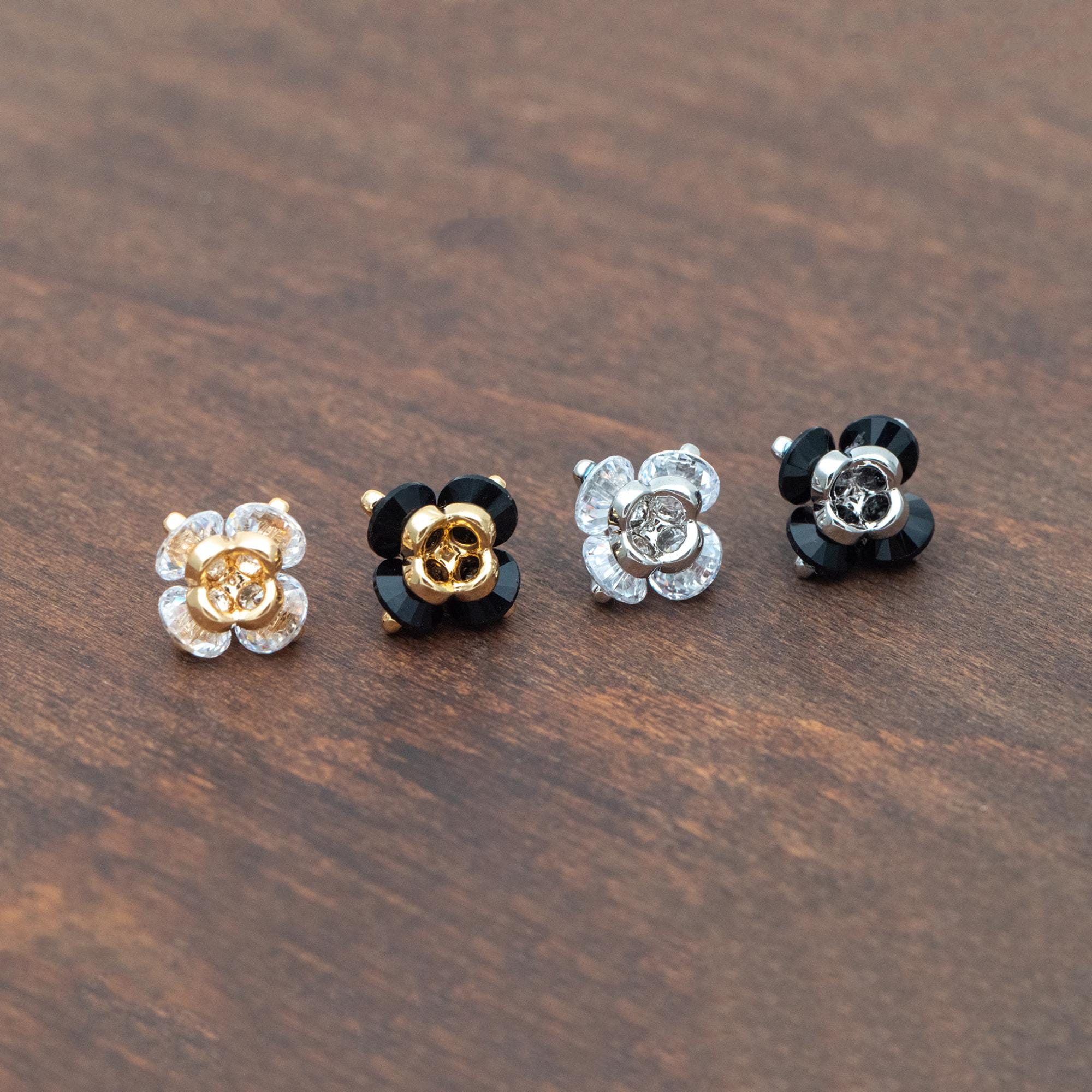 10pcs CZ Pave Flower Charms 8mm, Gold/ Silver tone Floral Pendants, Clear/ Black Cubic Zirconia (GB-343)